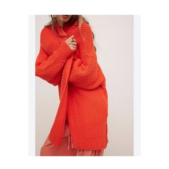 NWT Free People Nightingale Cotton Cardigan in Mandarine Red Size XL - Picture 4 of 5